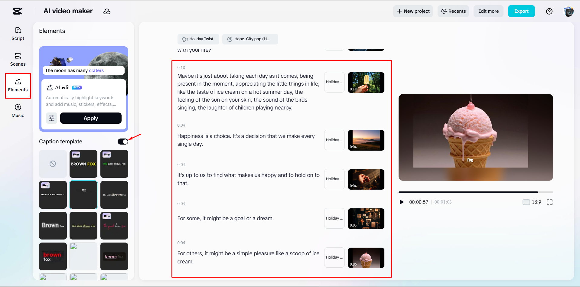 Adding caption templates to a video with CapCut's AI video maker