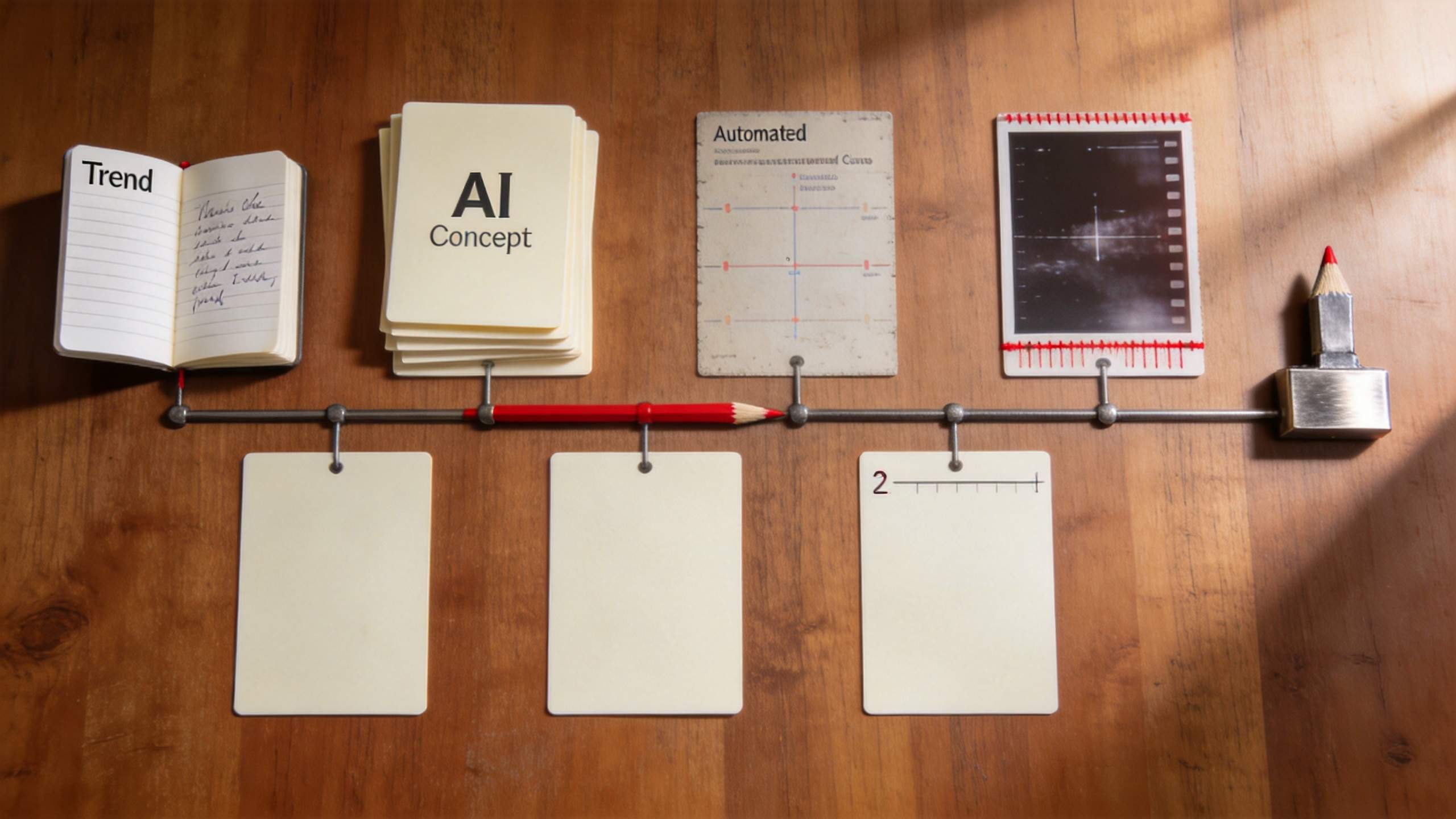 Notebooks and blank cards on a wooden table connected by a metal rod, labeled Trend, AI Concept, and Automated