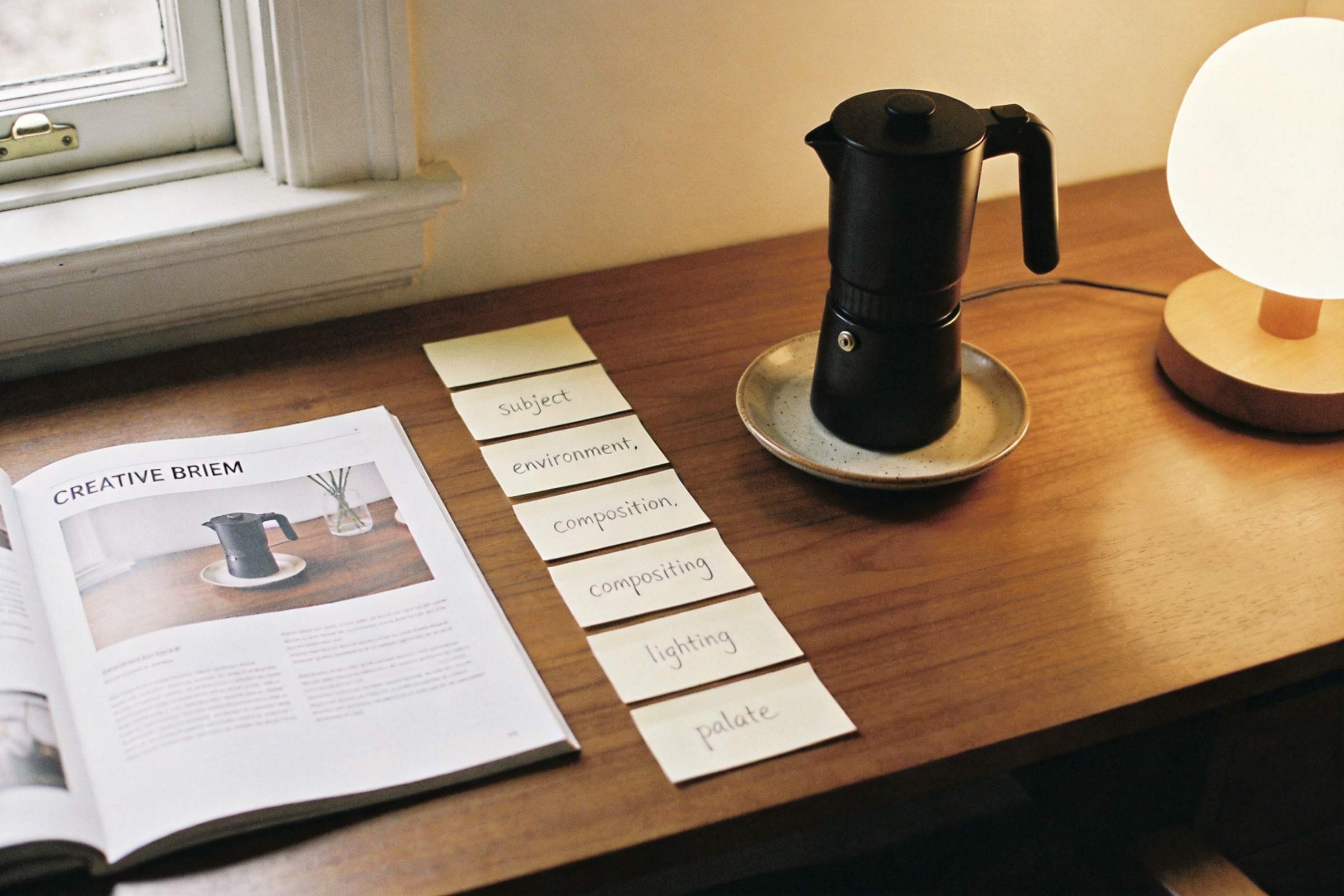 Desk with a creative brief, sticky notes labeled subject to palette, and a coffee maker beside a lamp.