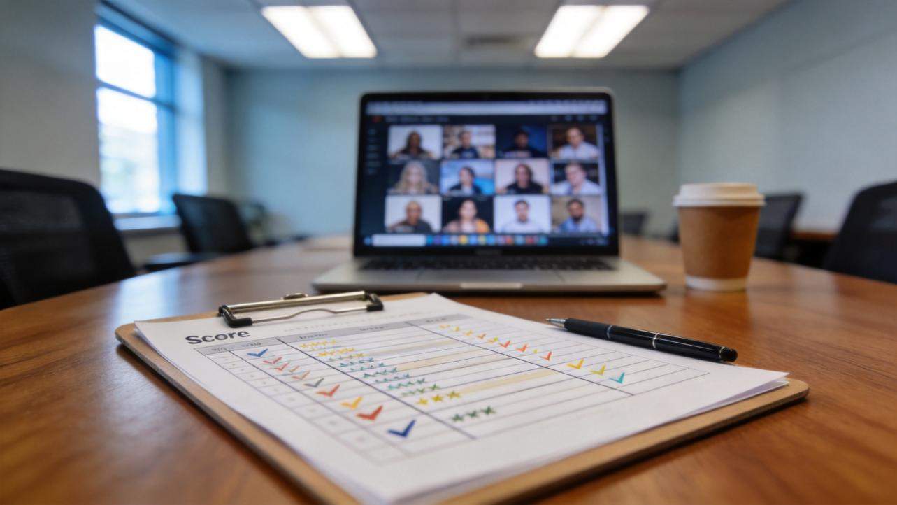 Clipboards and pen on a conference table with a laptop showing a video call and coffee cup