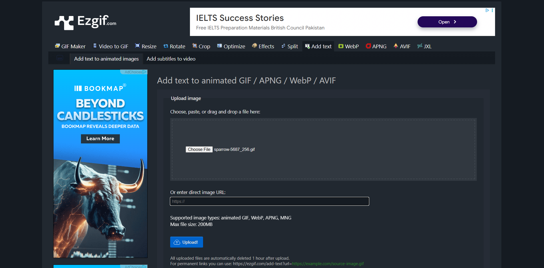 Interface of Ezgif - a good tool to add captions to a GIF