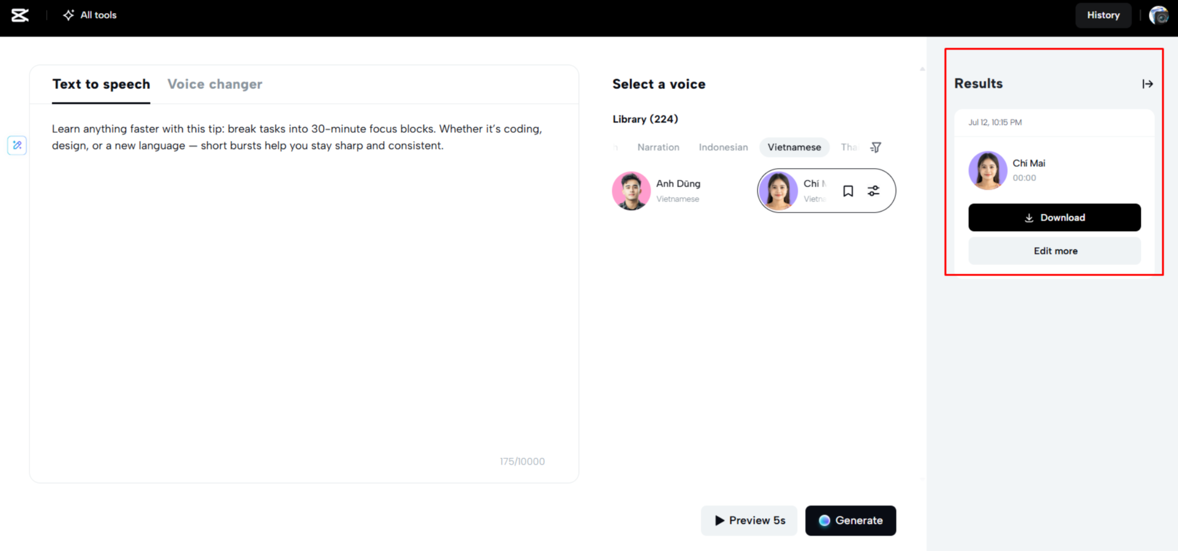 Downloading the audio file from CapCut Web