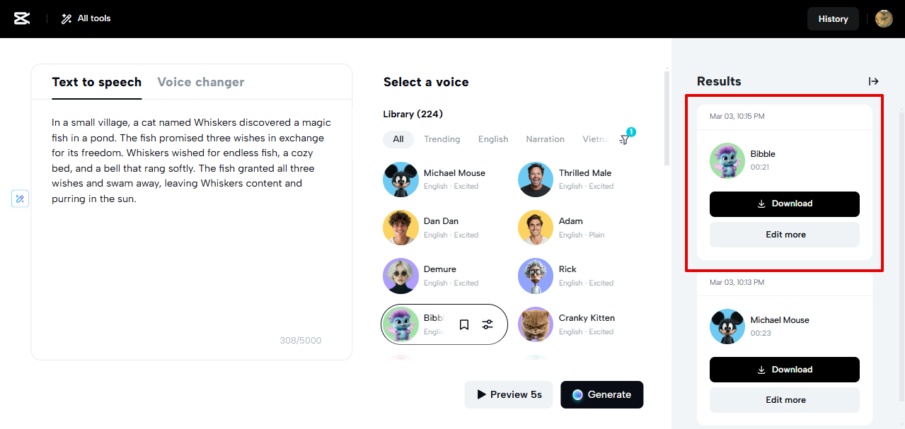 CapCut Web voice output