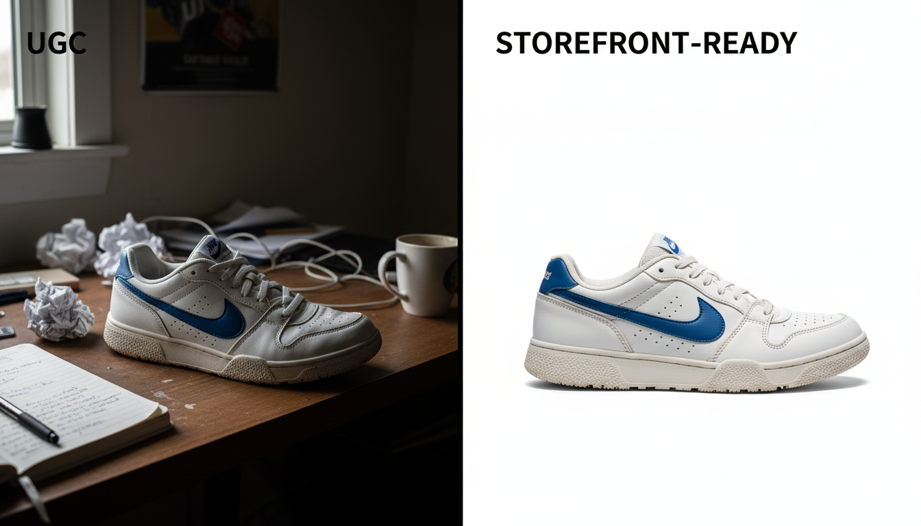 UGC to storefront transformation: left panel shows a phone photo of a sneaker on a messy desk; right panel shows a clean e-commerce packshot on white; no faces or branding.
