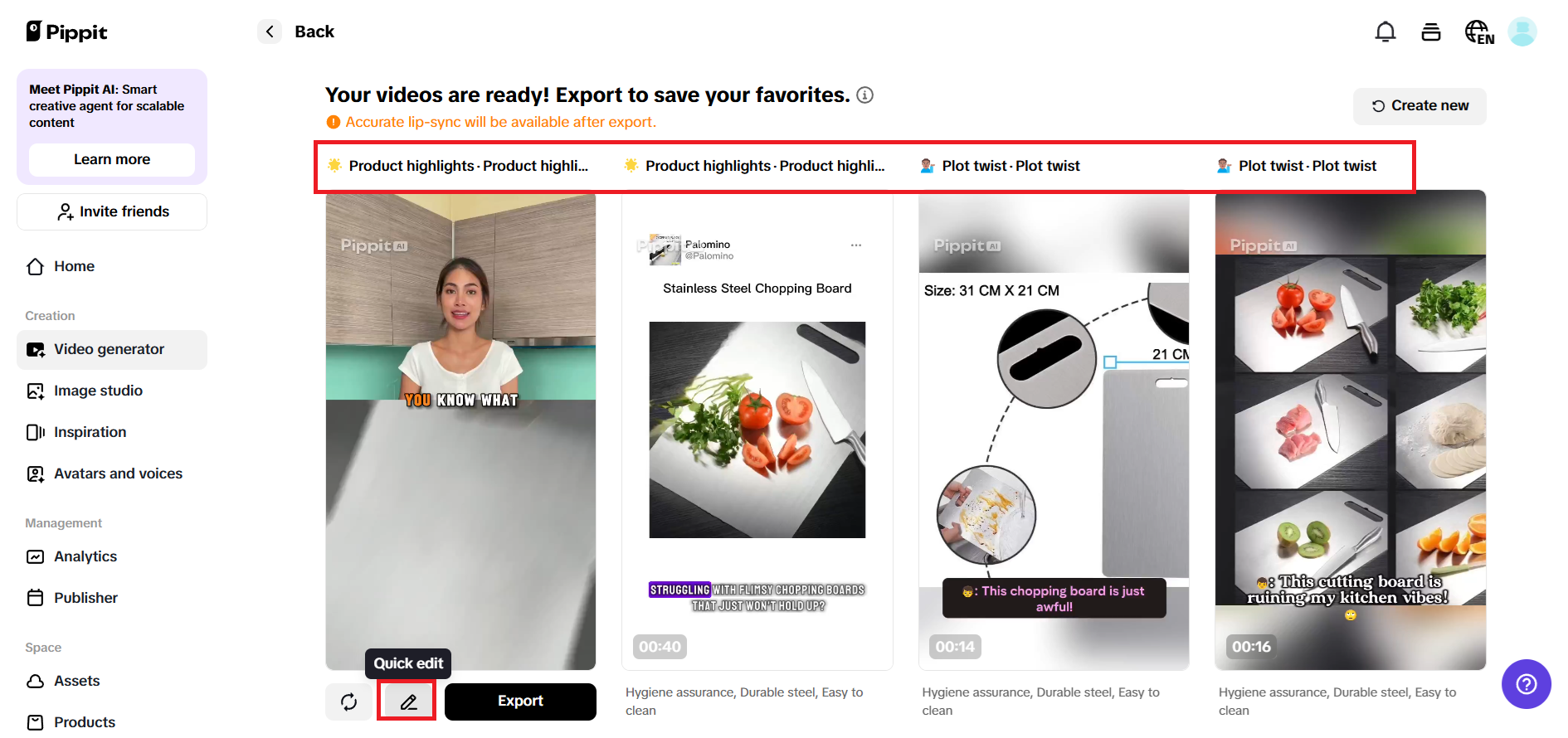 Preview generated videos and choose Quick edit