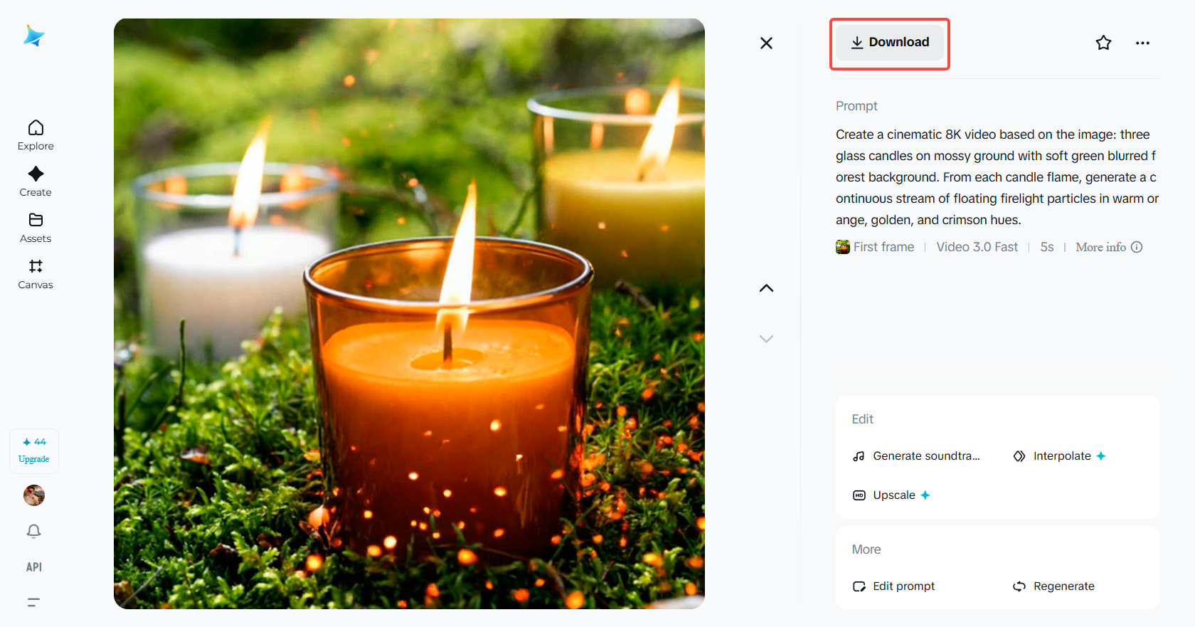 Downloading the particle effect video in Dreamina