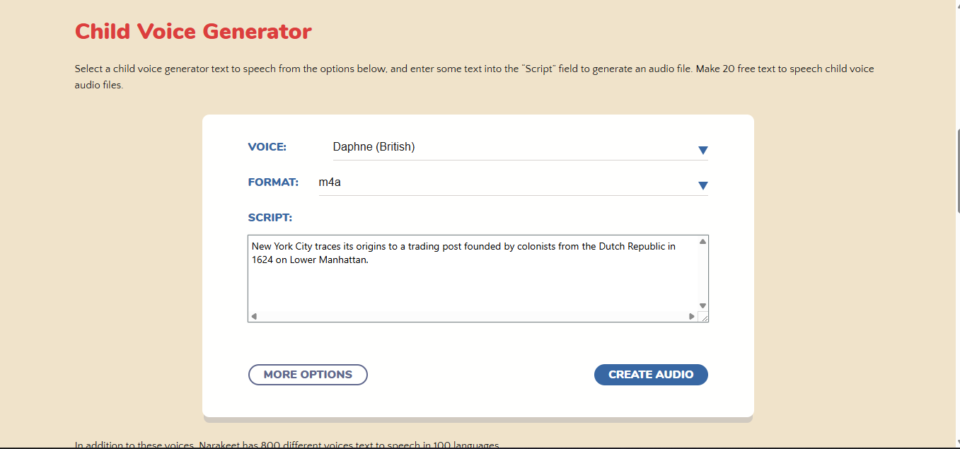 Narakeet - um gerador de voz infantil gratuito online IA de fácil utilização