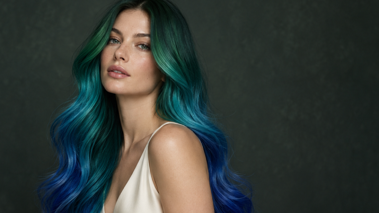16:9 premium beauty portrait left of center, adult with long smooth hair in emerald-root to turquoise-middle to cobalt-blue-tip gradient, ivory top, charcoal-green studio background, realistic strands and soft neutral facial light.