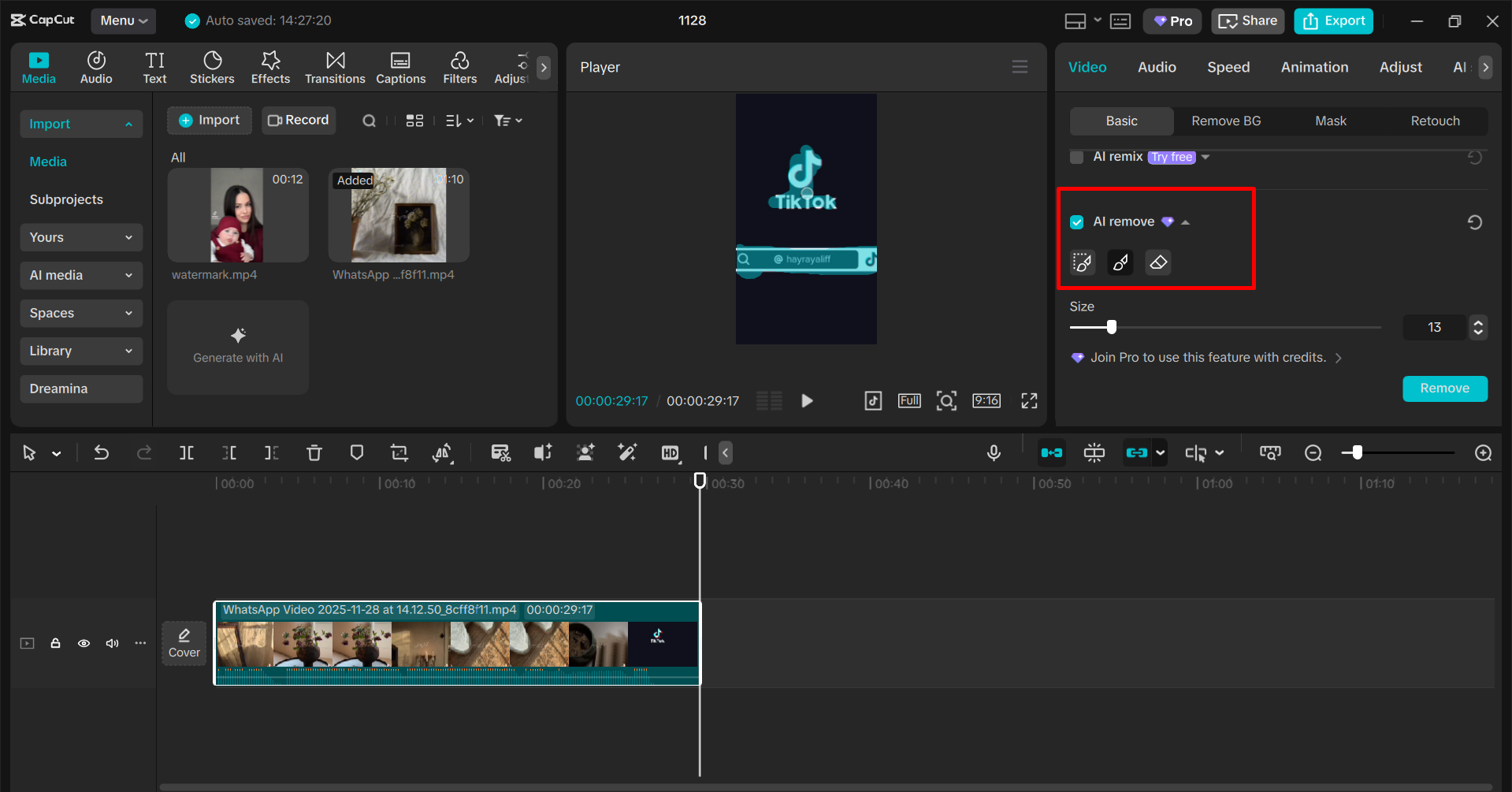 Selecting the object using brushes in CapCut PC