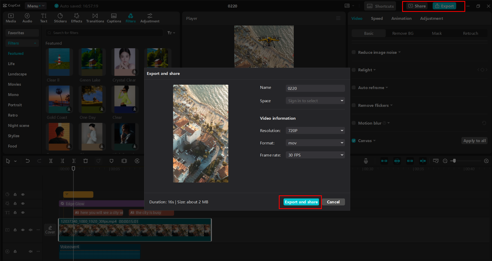 De spoel exporteren of delen vanuit de CapCut desktop video-editor