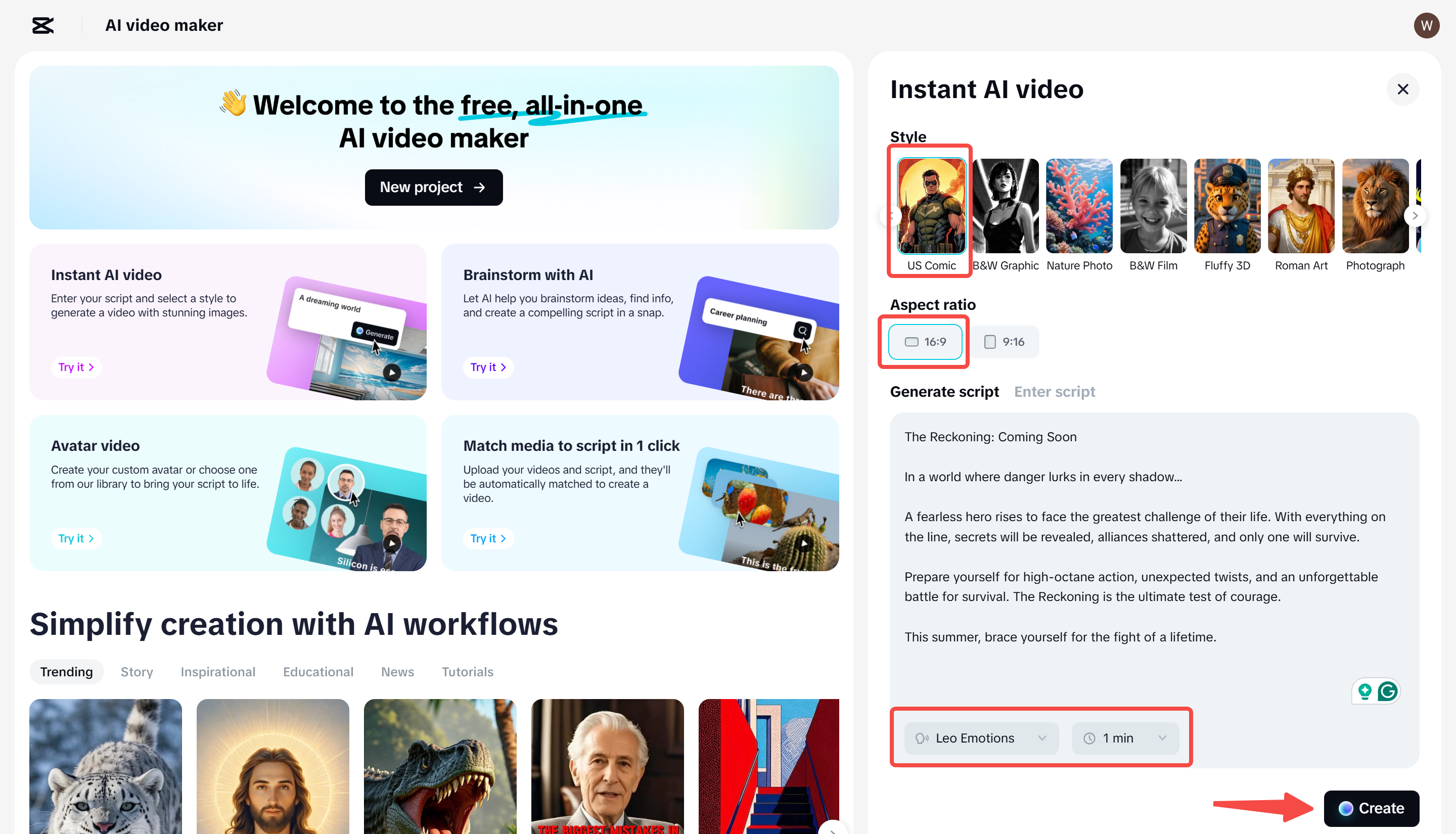 Generazione di uno script in CapCut 's AI video maker