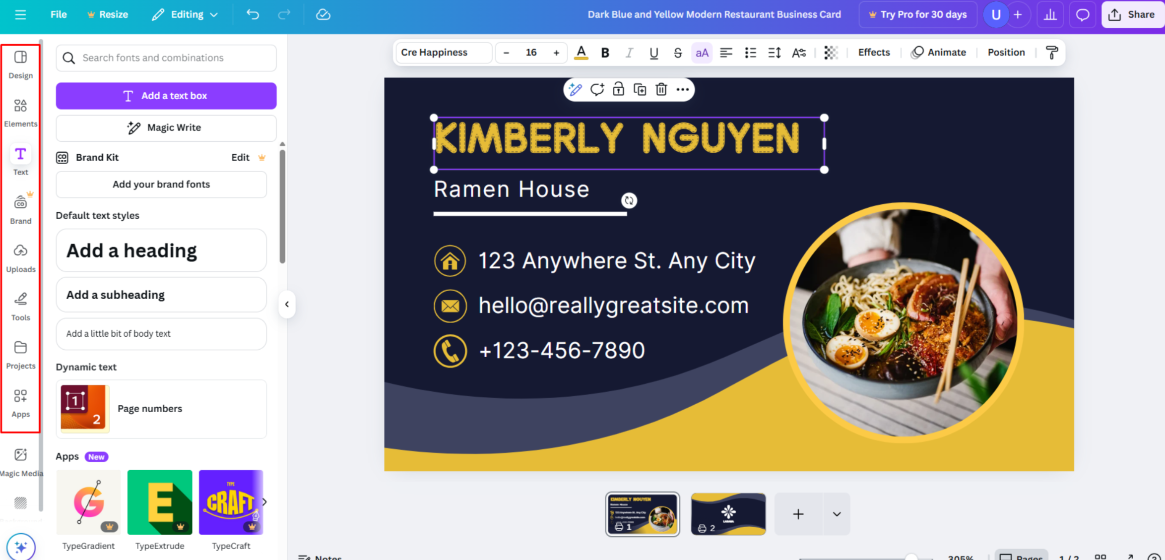 Customizing a business card in Canva