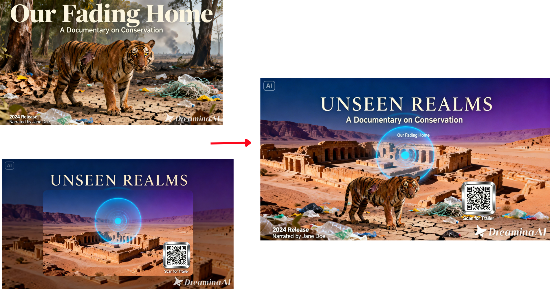 Blend two images to generate a new documentary poster using Dreamina