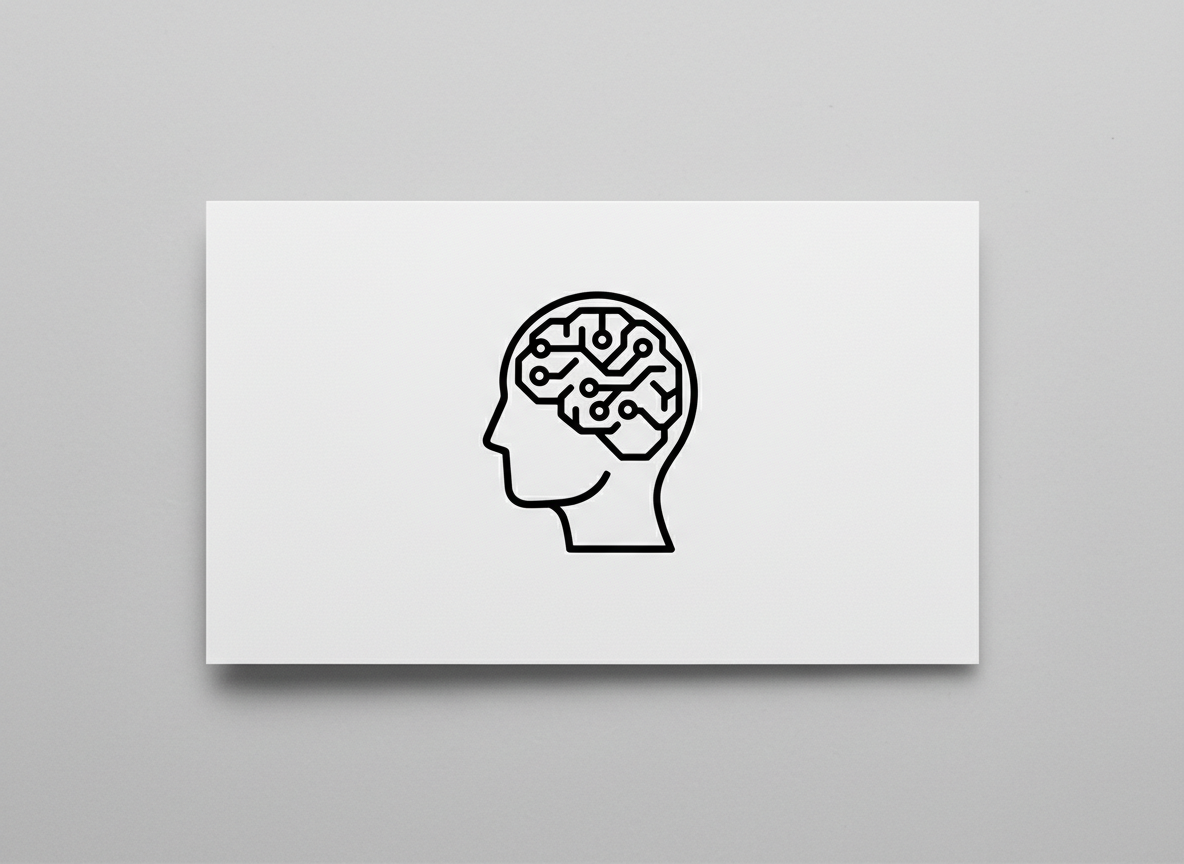 평면 디자인의 프리미엄 명함 목업에 미니멀리스트 선 아트 AI 아바타 로고, 깔끔한 잘림 모서리, 중립적인 배경.
