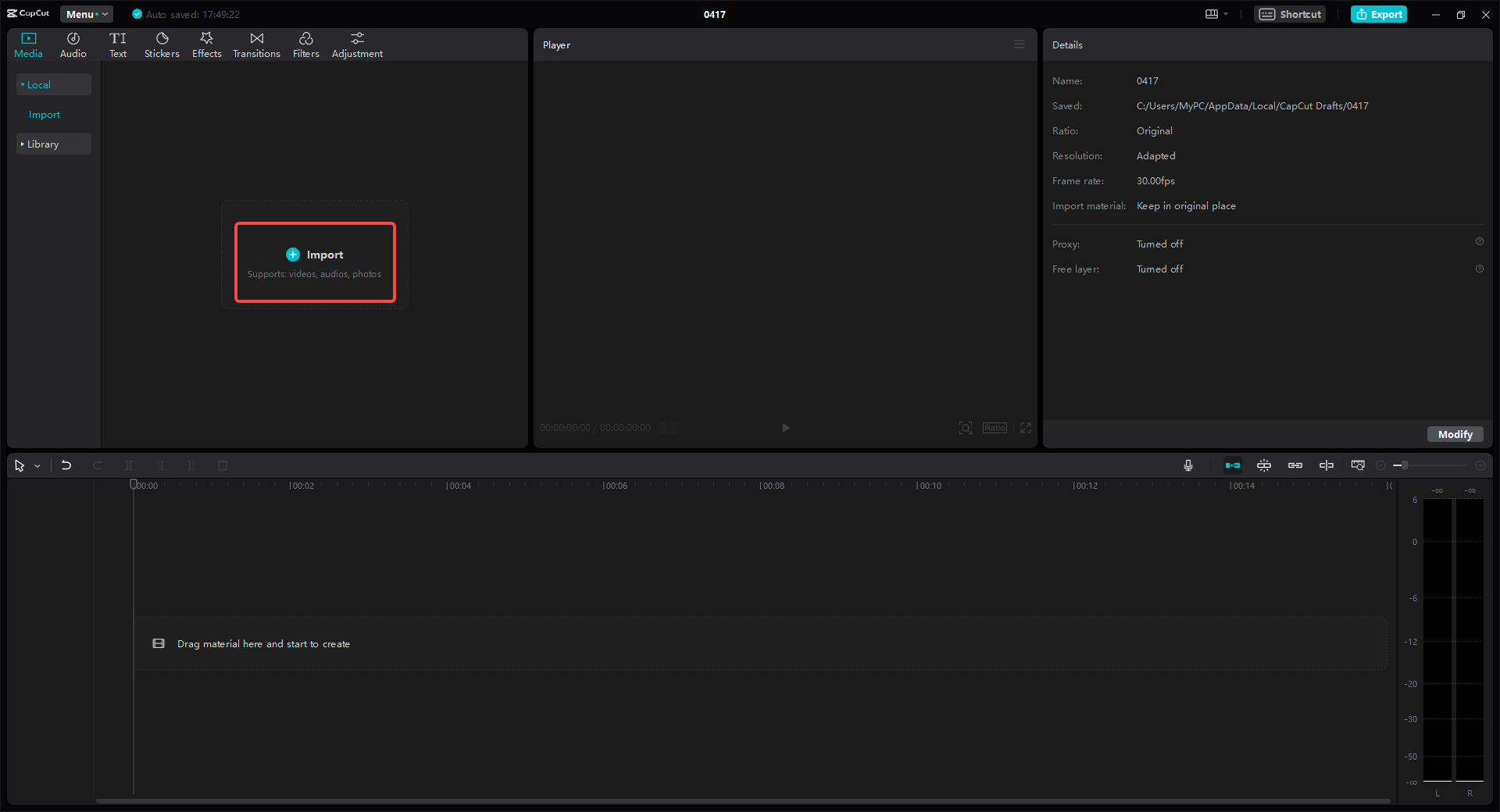 A blank CapCut project shows the central Import control above an empty editing timeline.