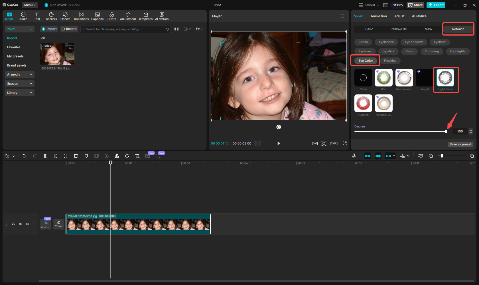 Edit out red eye and enhance facial details