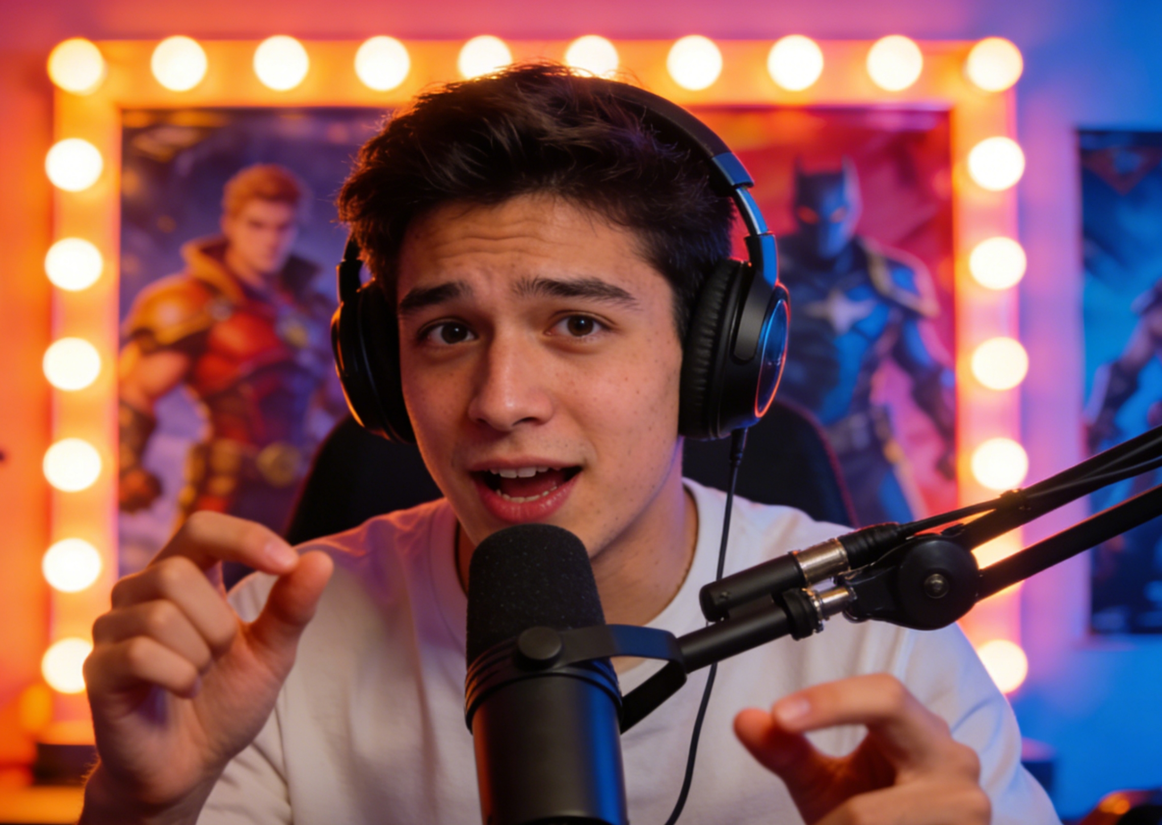 Canlı yayın sırasında konuşan bir erkek oyuncunun enerjik bir seslendirmesini oluşturun