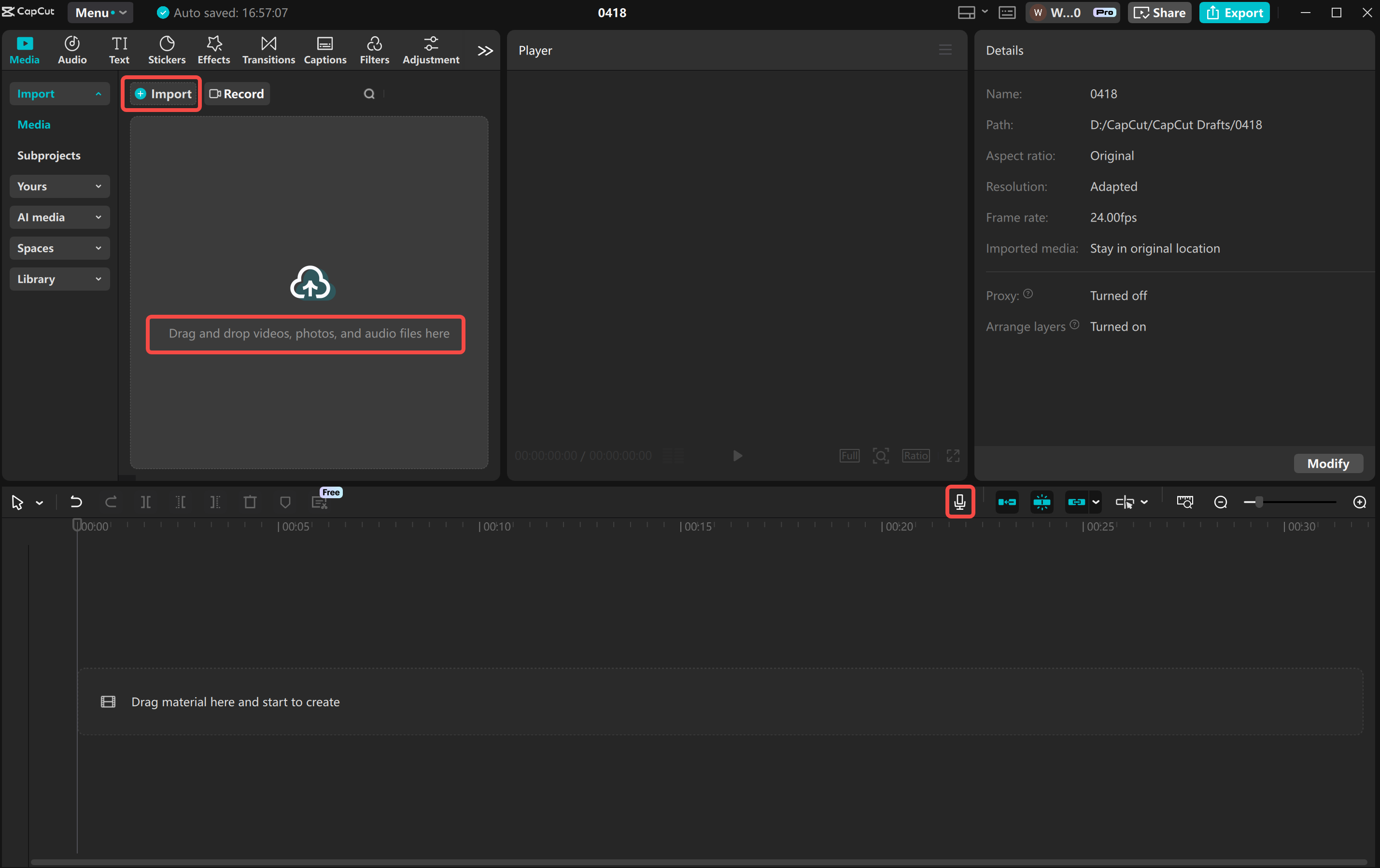 Import or record the media into the CapCut desktop video editor