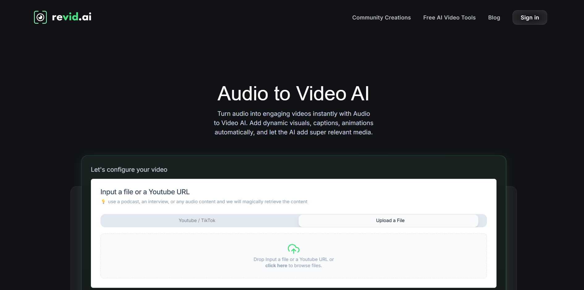 Revid의 인터페이스 - 직관적인 AI 오디오 대 비디오 생성기