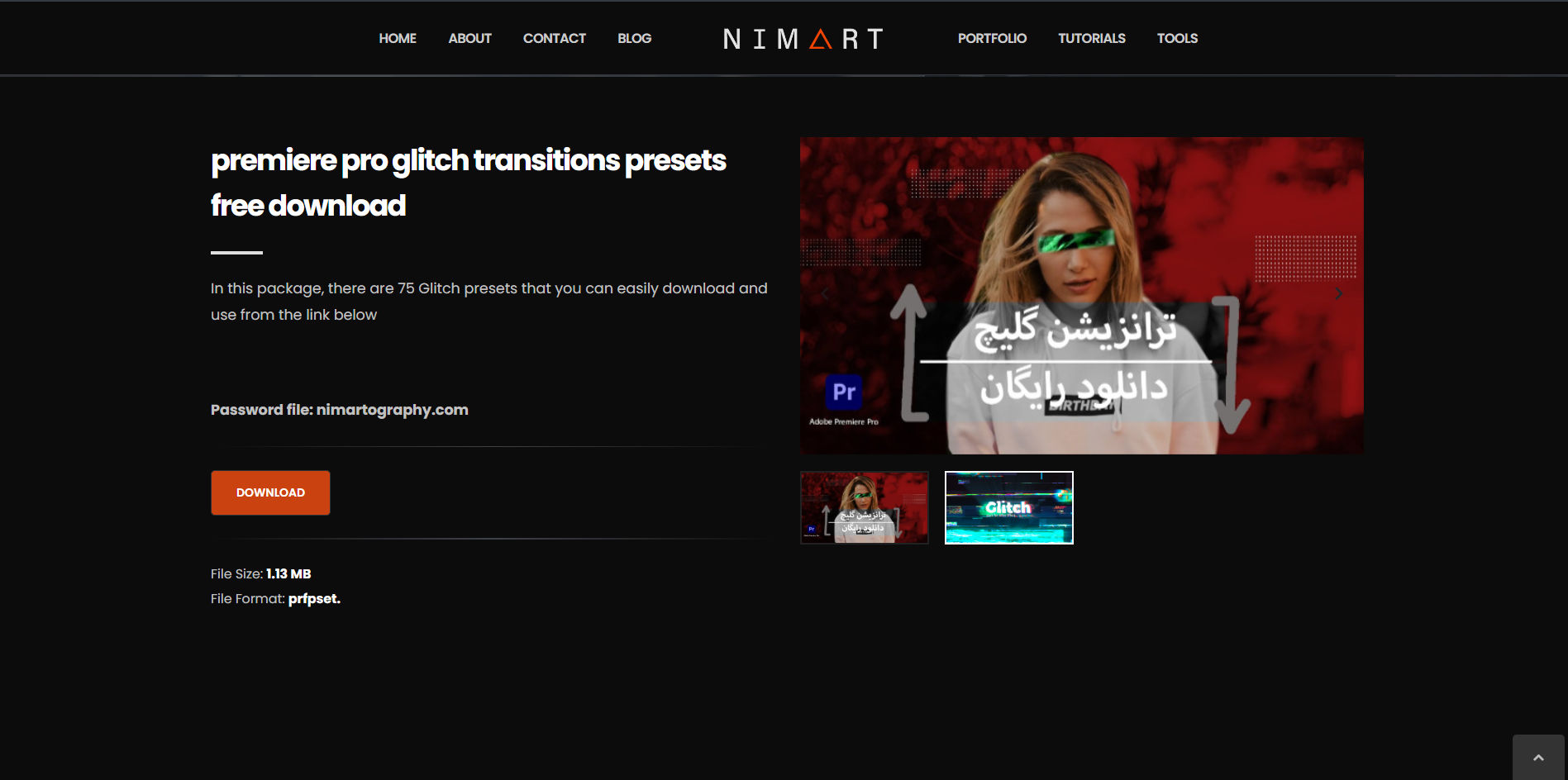 Interface of Nimart - the most liked site to get Premiere Pro glitch effects