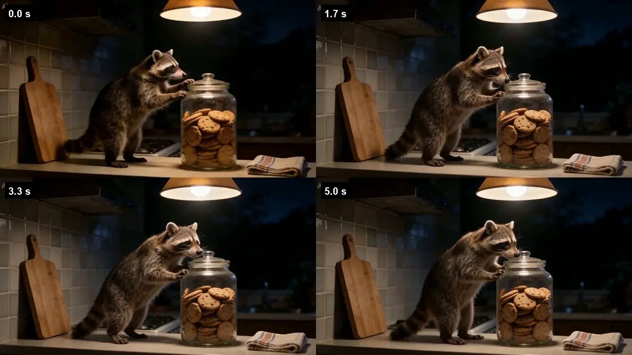 Raccoon reaching for a jar of cookies on a kitchen counter under a hanging lamp