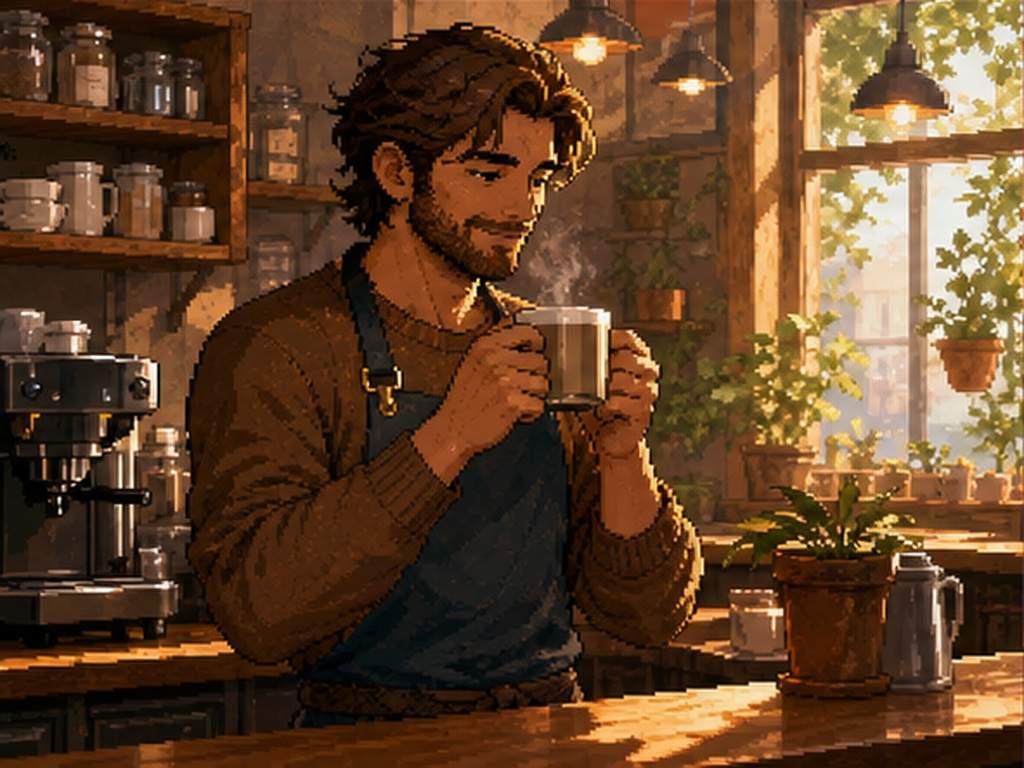AI Pixel Avatar Prompts esempio 4 - Avatar caffè accogliente