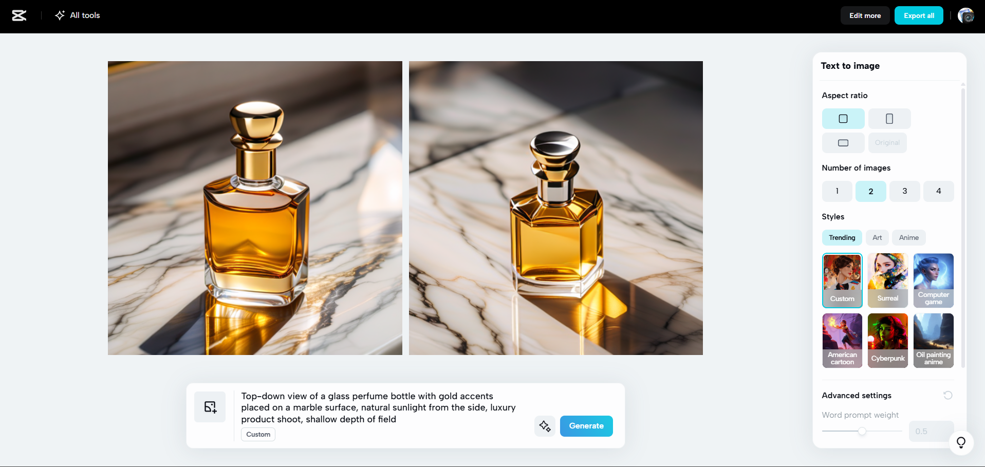 Schnittstelle von CapCut Web - dem besten KI-Produktbildgenerator