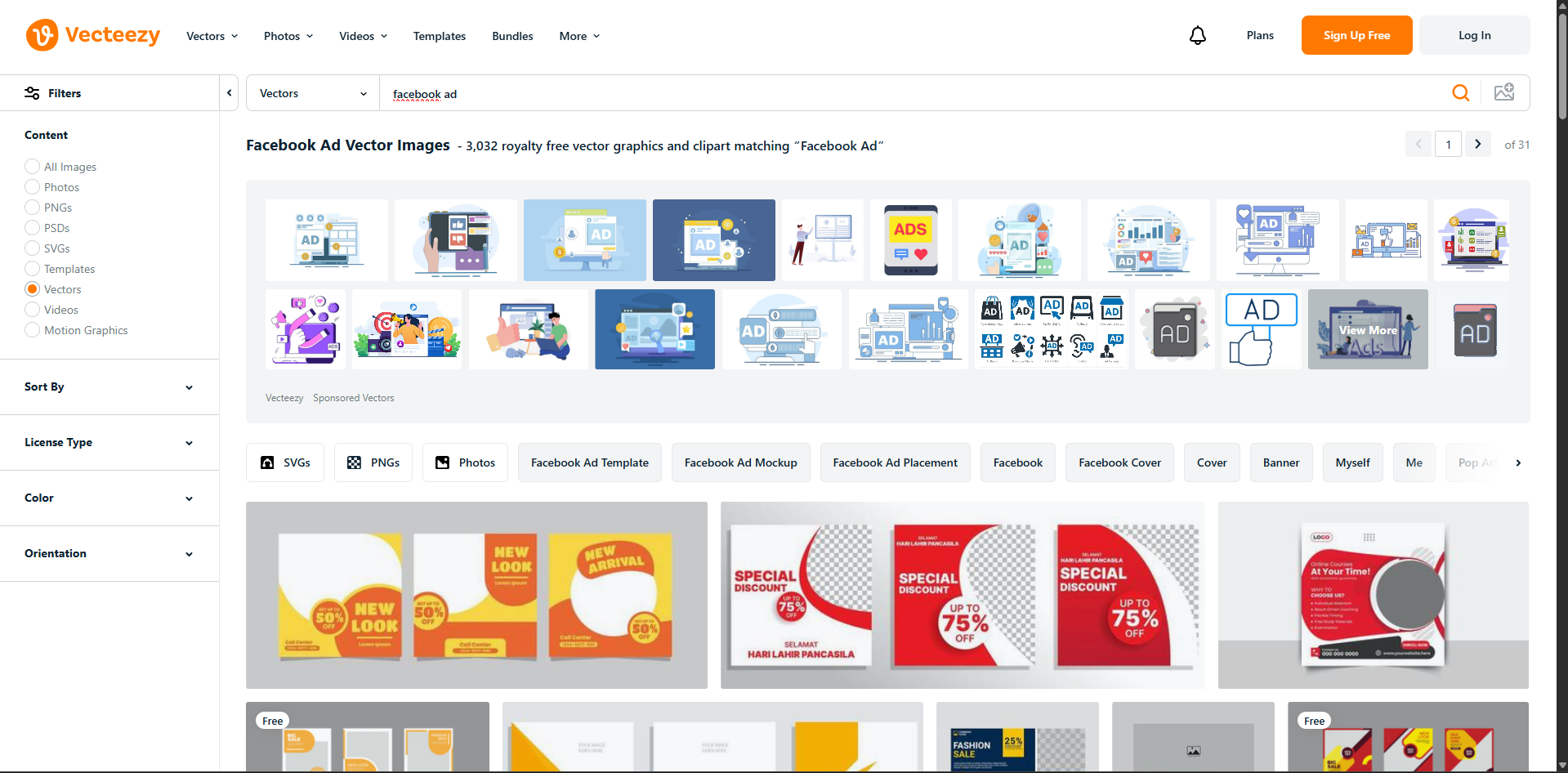 Interface of Vecteezy - the best resource for Facebook ad templates