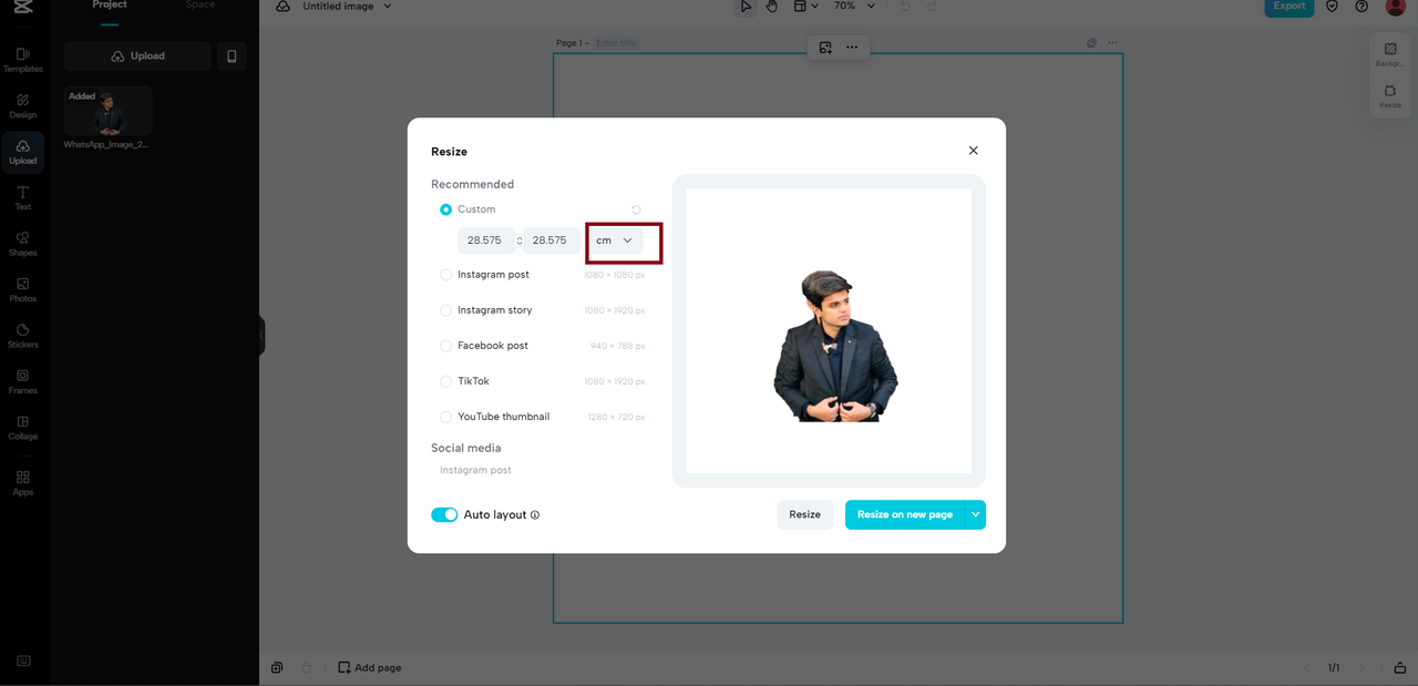 resize in cm