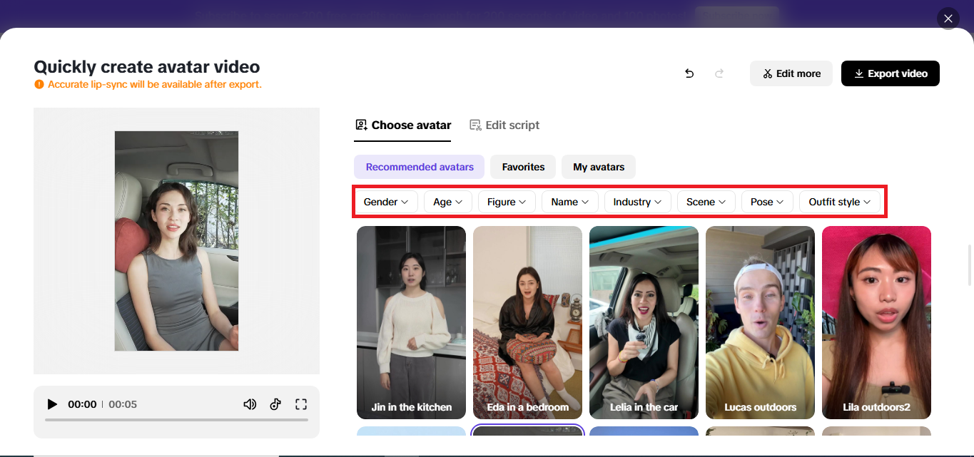 AI Avatar options with filters to select based on age, gender, etc.