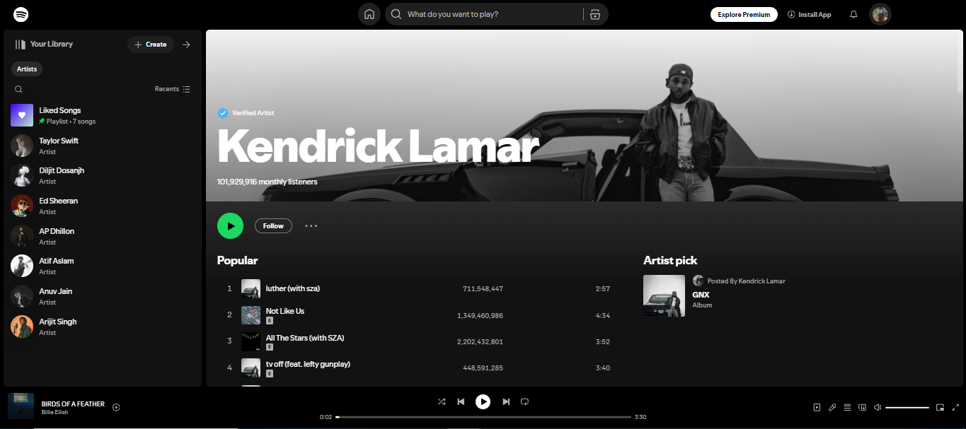 Kendrick Lamar - recognized among the  top 200 artists on Spotify