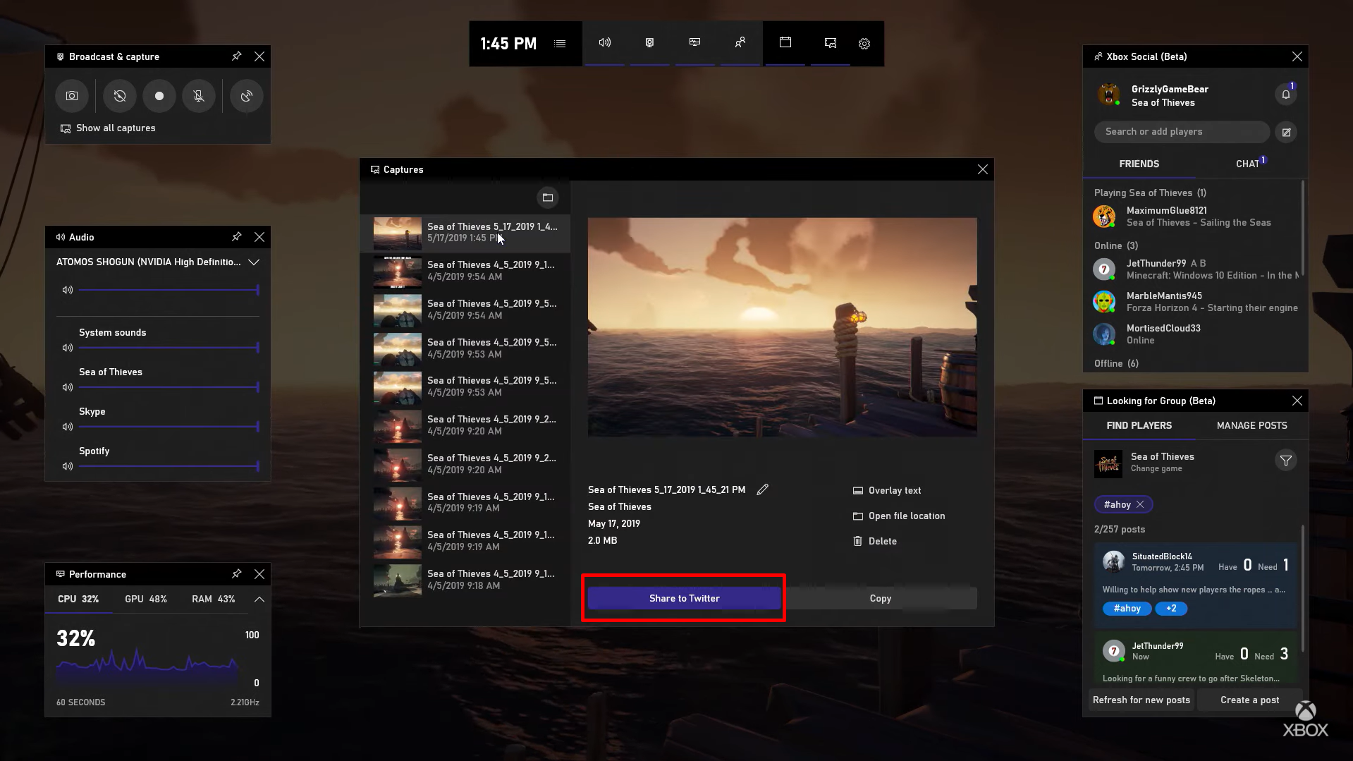 Image revealing how to share screen recordings from the Xbox recorder on PC