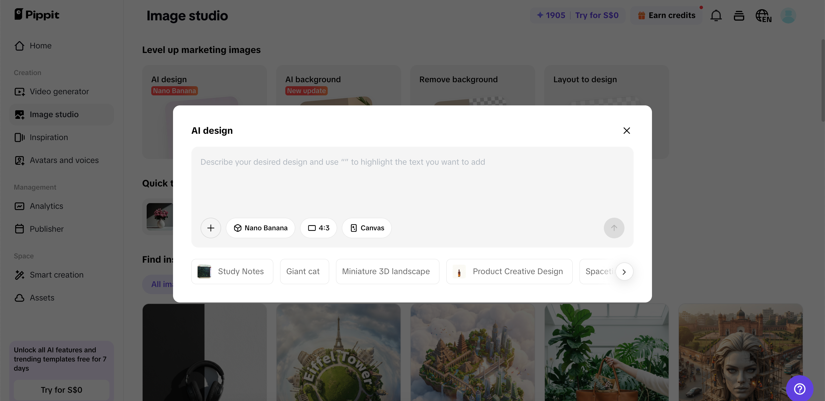 Mengakses alat reka bentuk AI Pippit