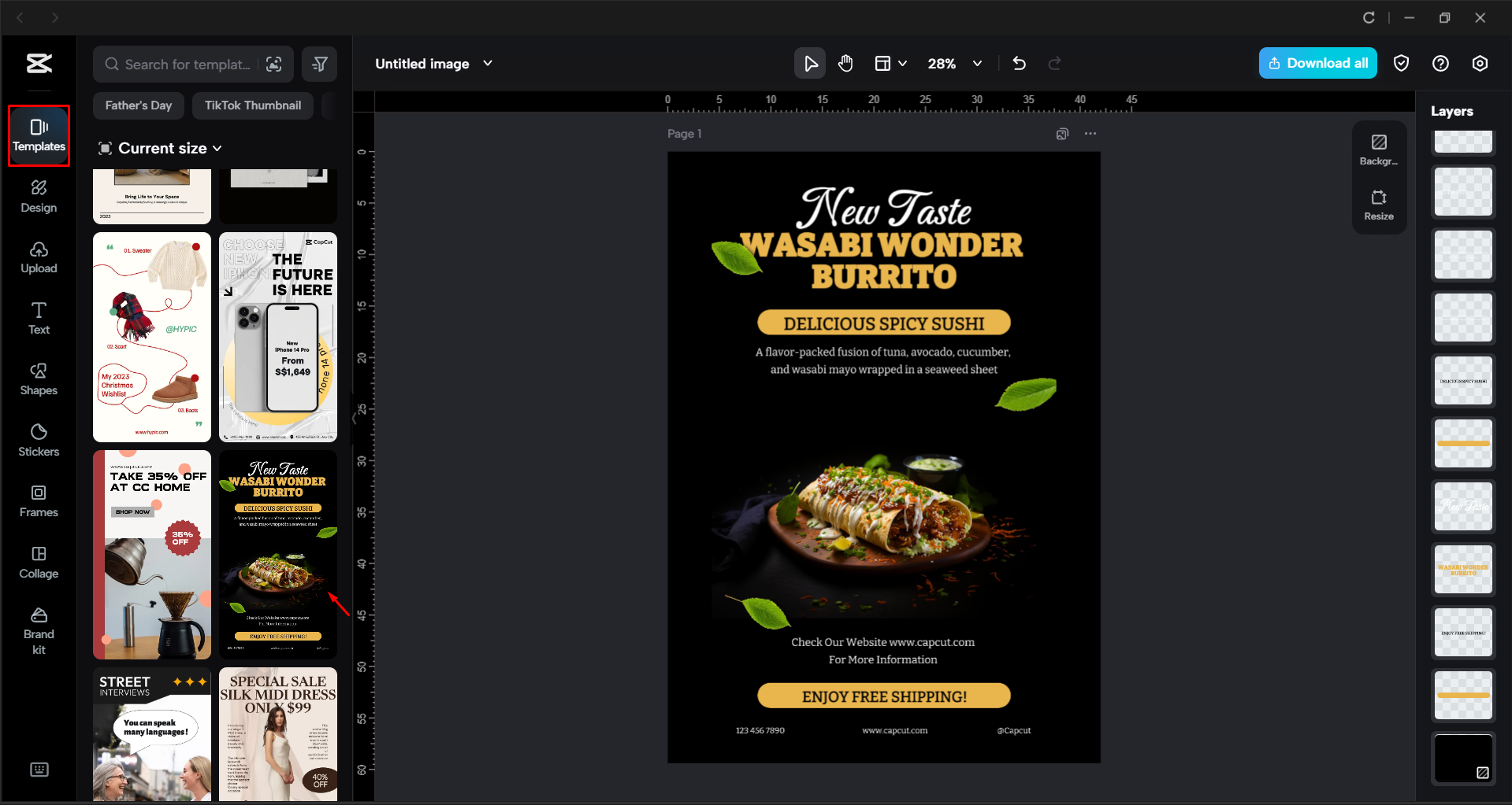 Choosing a suitable poster template in the CapCut desktop video editor