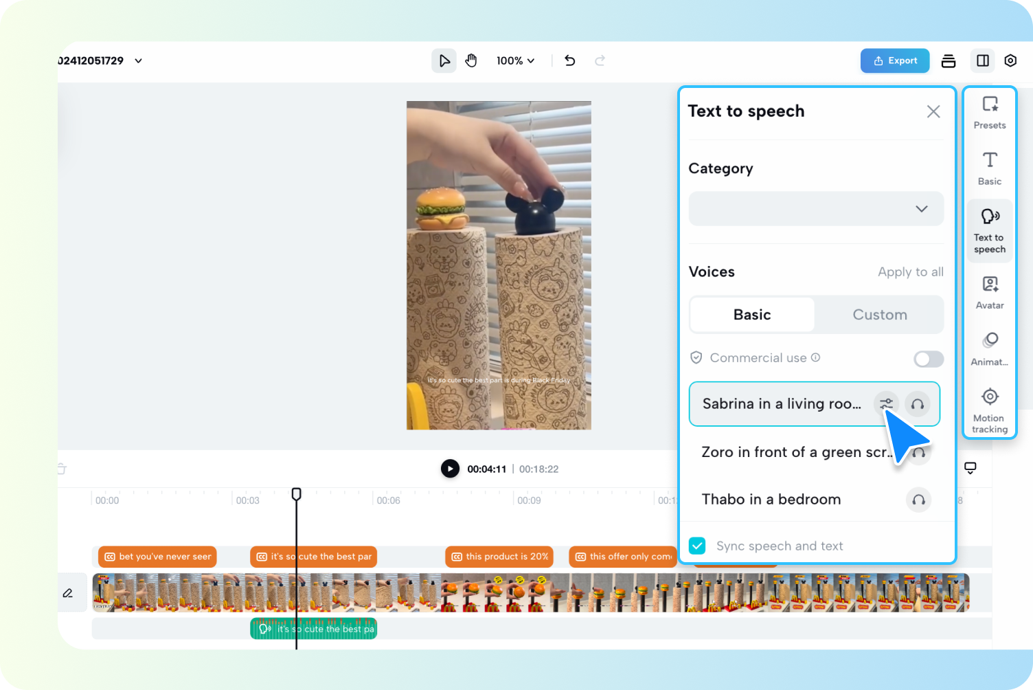 description=The video translation interface in Pippit, showing a dropdown menu with various languages and options for AI voice and avatars.