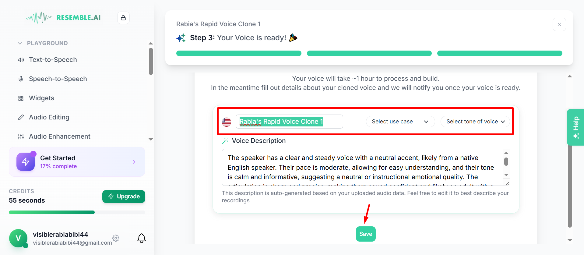 Uložení hlasového klonu na generátoru hlasu Resemble AI