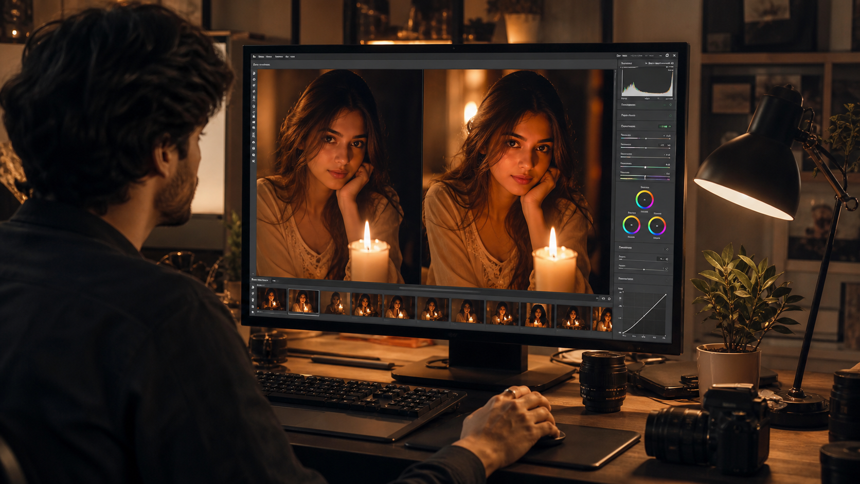 Portrait urbain ensoleillé d'une fictive Viral Girl Candlelight Ai Photo Editing Invite