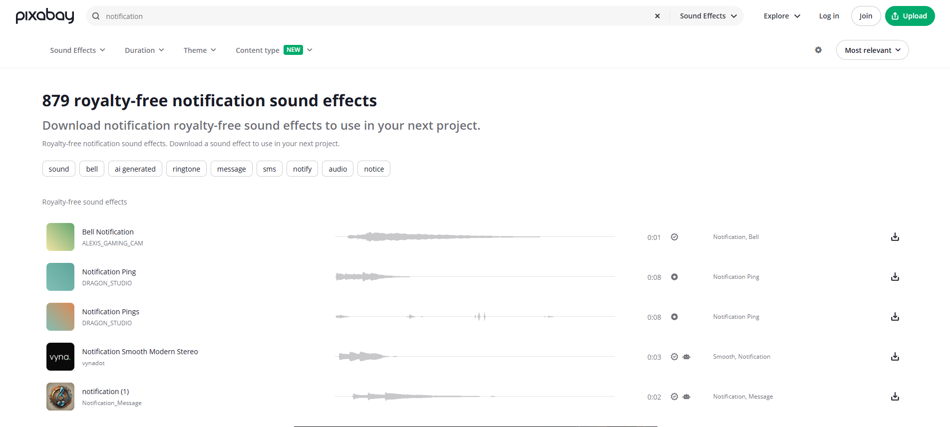 Interface of Pixabay - a valuable resource for notification sound effects