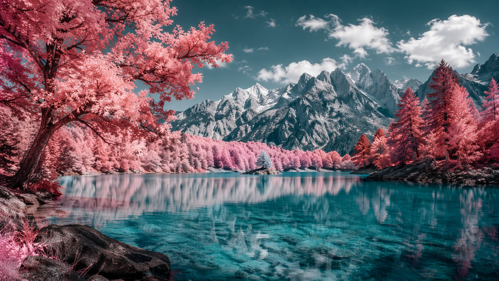 Dreamina Infrared Photo Filter podpowiedź przykład 3: Magenta Mountain Lake