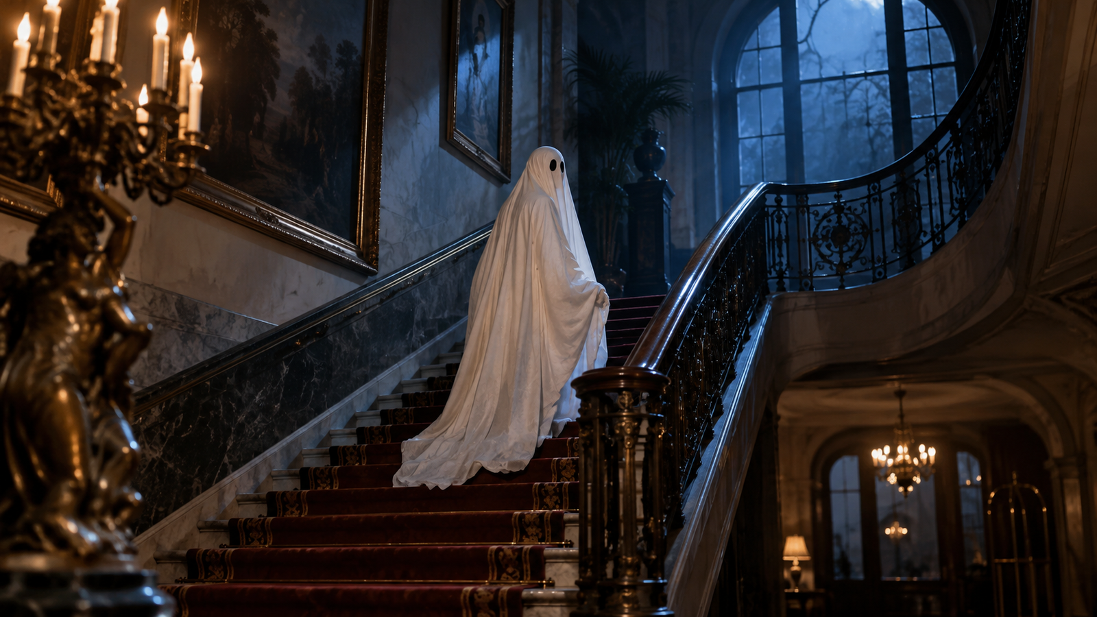 Haunted hotel ghost: One white-sheet ghost on a grand old hotel staircase, soft flash photography and eerie blue shadows