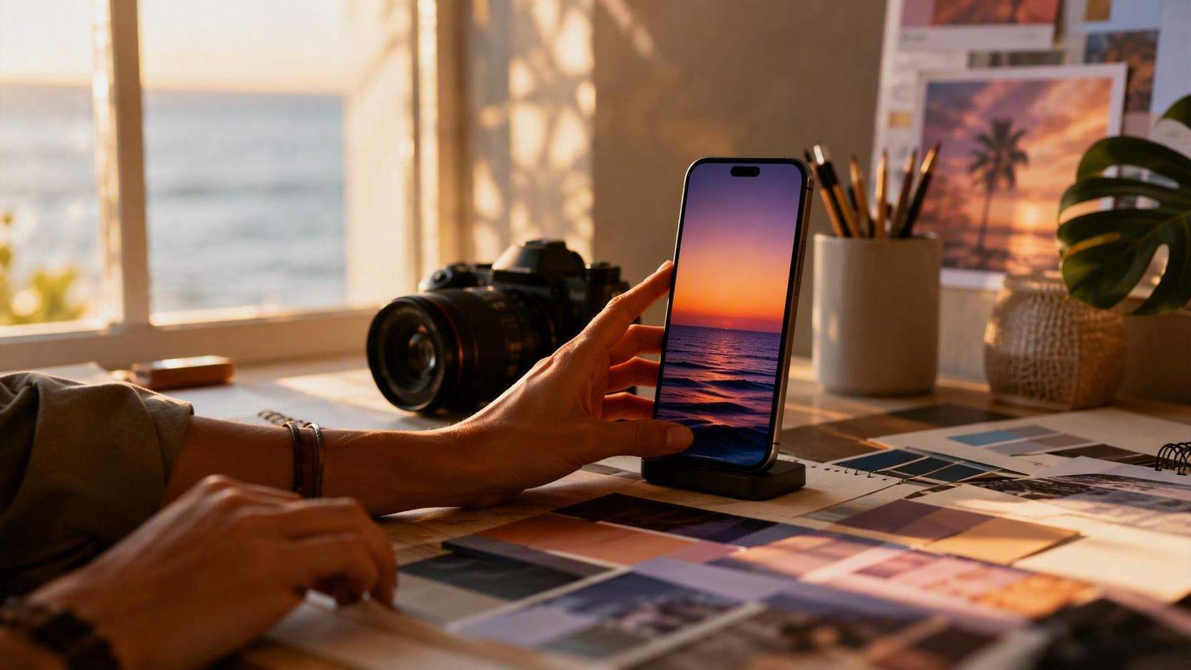 Photorealistic lifestyle visual for Wallpaper Trend: a creator photographing a smartphone setup with an ocean sunset gradient wallpaper, no text, UI, logo, or watermark.
