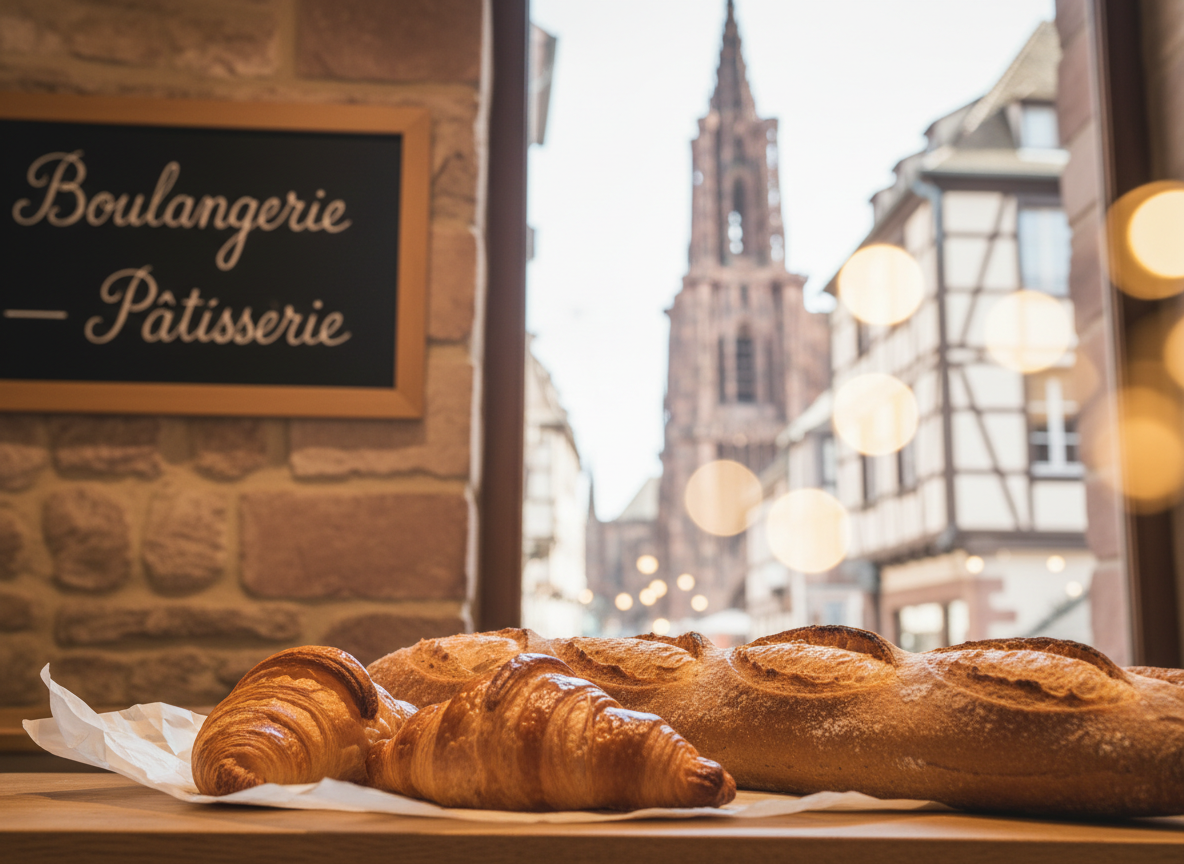 Close-up croissants and baguette in a Strasbourg bakery, soft view of Cathedral spire, French sign 'Boulangerie — Pâtisserie', natural light, shallow depth.
