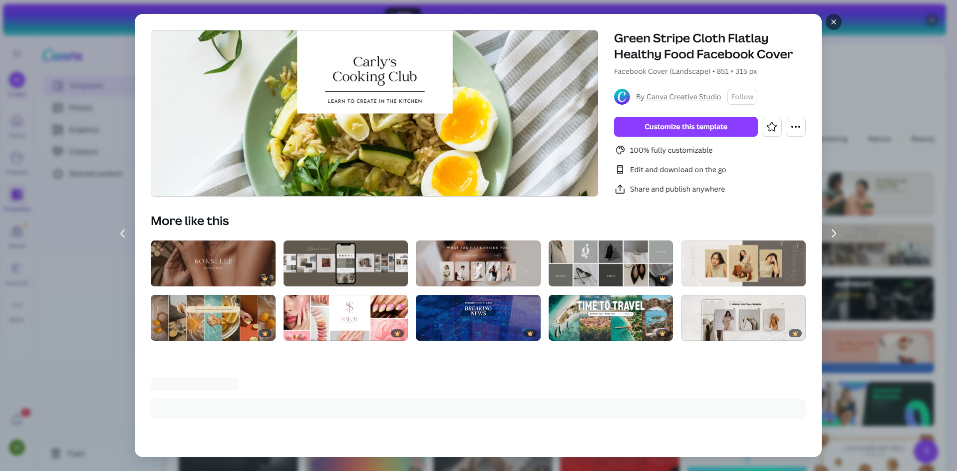 Interface of Canva - an online tool to edit Facebook cover image templates