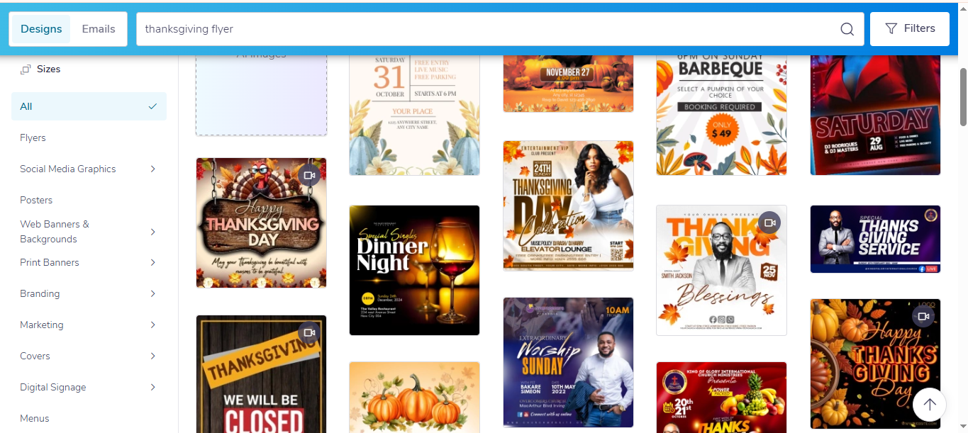 Interface of PosterMyWall - the best website to get free Thanksgiving templates for flyers