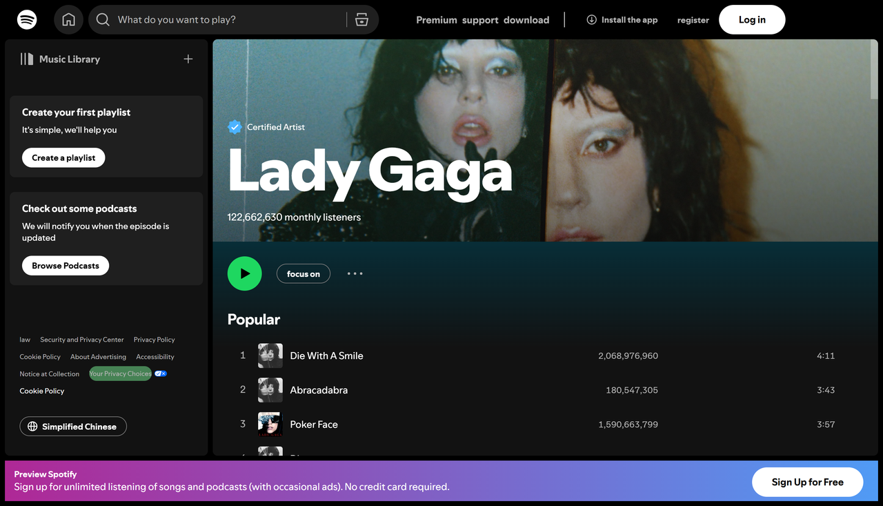 Lady Gaga - 3: e mest streamade artisten på Spotify