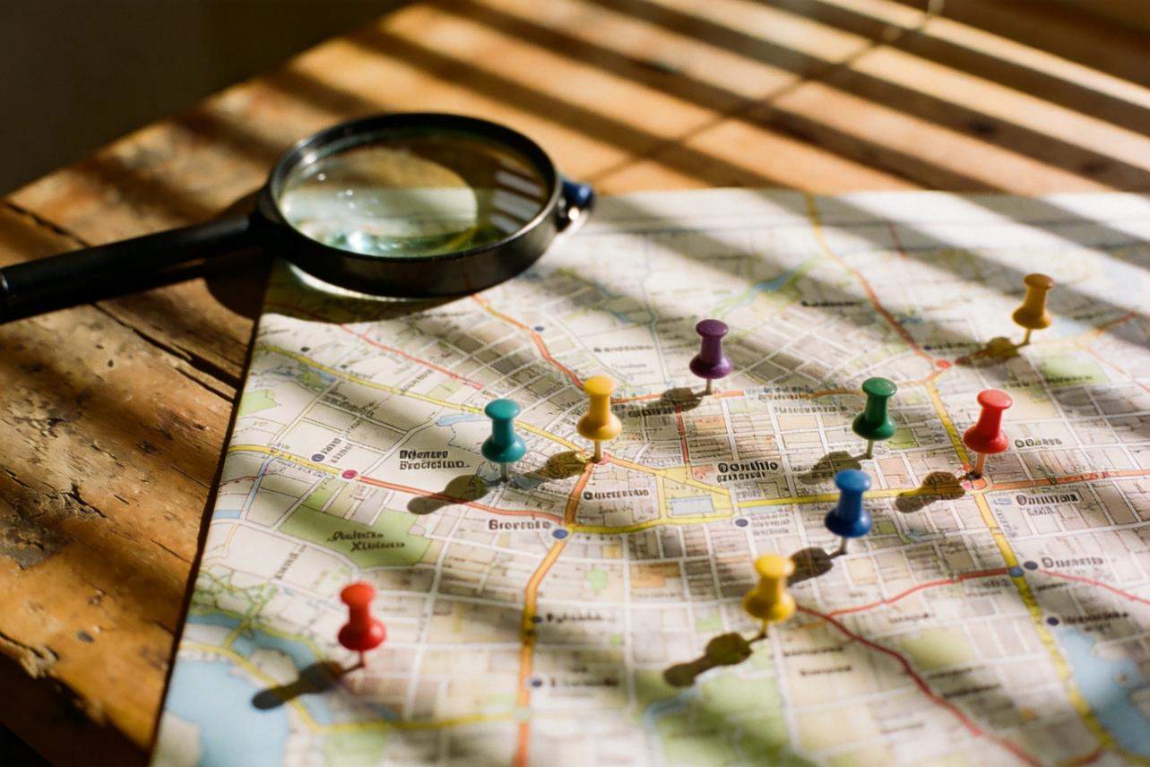 Magnifying glass over a city map marked with colorful pushpins