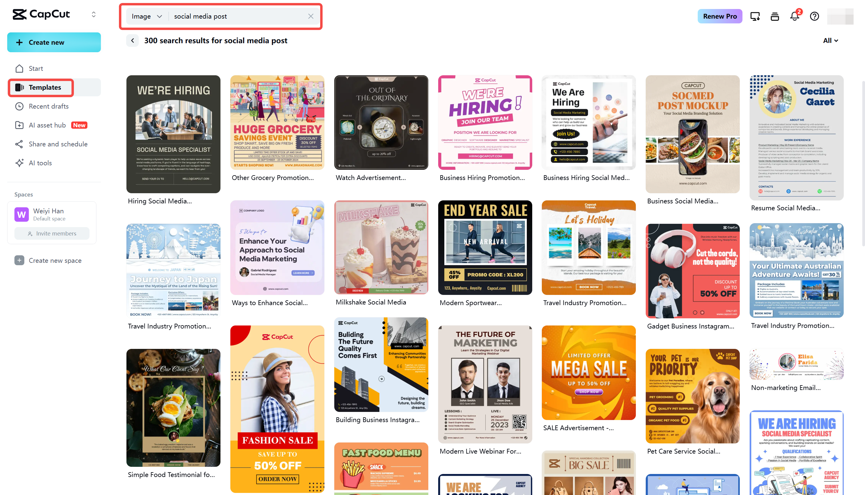 Accessing Instagram post maker in CapCut Web