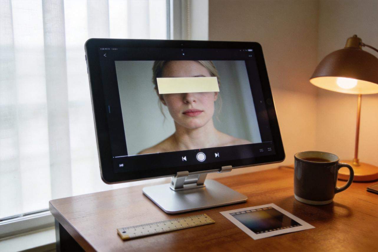 Tablet on a desk shows a video portrait with a subtitle bar covering the person's eyes