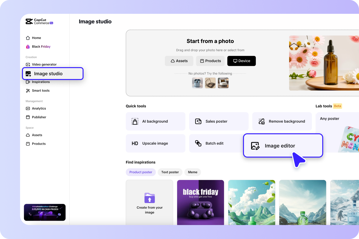 description=User interface of Pippit's Image Studio, showing the 'Upload Image' options from device or product listings.