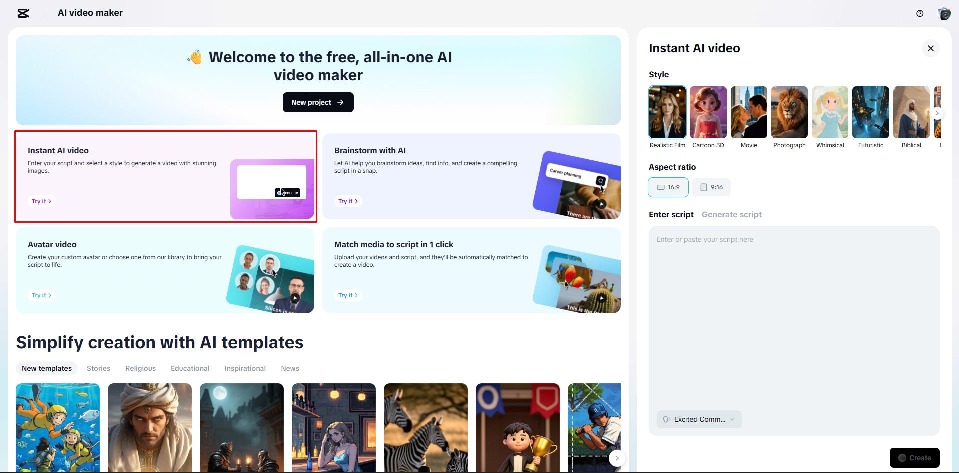 Öffnen des KI-Videoerstellers von CapCut Web